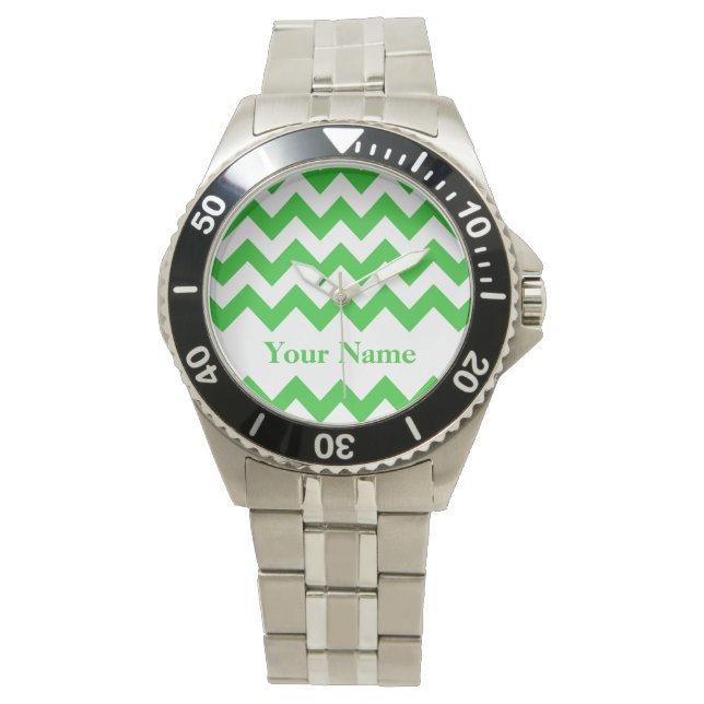 Grönt Fet Chevron med monogram Armbandsur (Framsida)