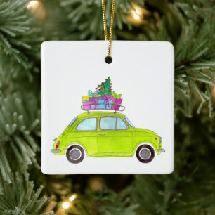 Grönt Fiat 500 med julklappar Vattenfärg Julgransprydnad Keramik