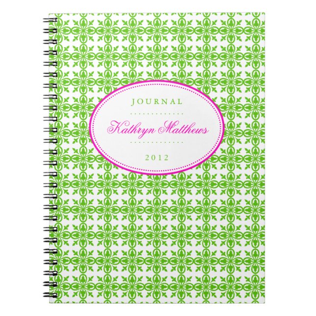 Grönt filigree mönster shock rosa oval journal anteckningsbok (Framsidan)