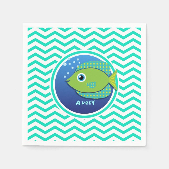 Grönt Fish; Aqua Grönt Chevron Pappersservett (Framsidan)