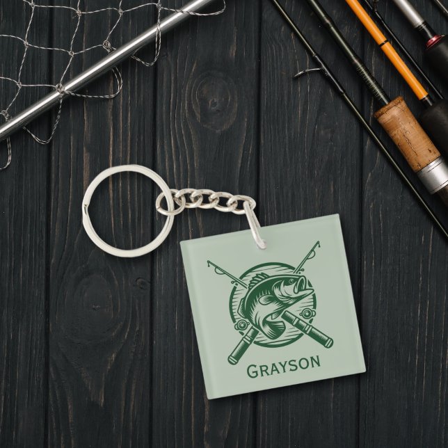 Grönt Fiskare, polack och fiskevatten, Personlig (Green Fisherman Poles and Fish Personalized Acrylic Keychain)