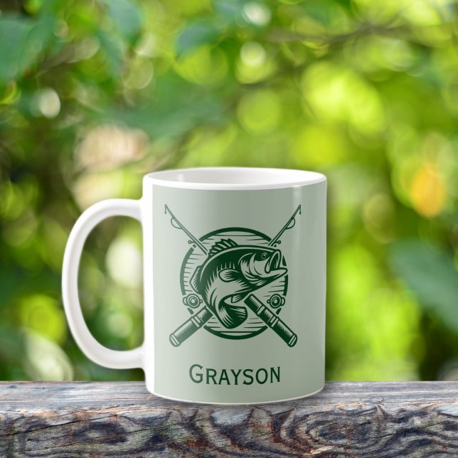 Grönt Fiskare, polack och fiskevatten, Personlig Kaffemugg (Green Fisherman Poles and Fish Personalized Mug)