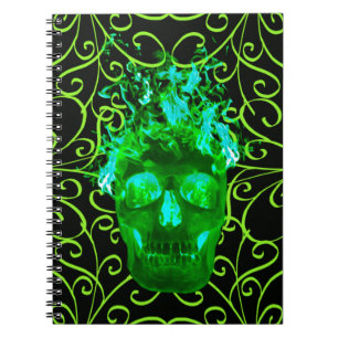 Grönt Flame Skull Spiral-anteckningsbok Anteckningsbok Med Spiral