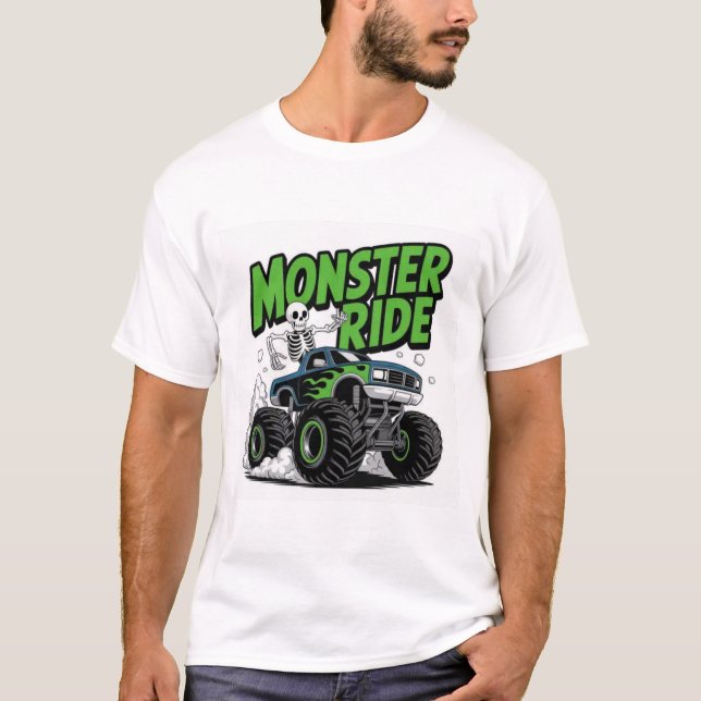 Grönt Flames Monster Truck med Rolig Skelett Tur T Shirt (Framsida)