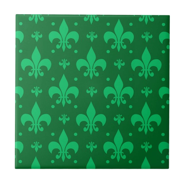 Grönt Fleur-de-lis Mönster Design Kakelplatta (Framsidan)