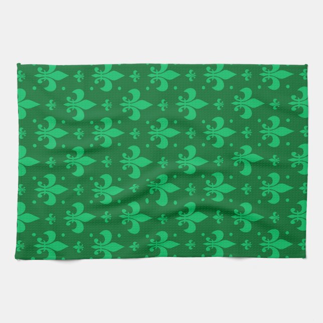 Grönt Fleur-de-lis Mönster Design Kökshandduk (Horisontell)