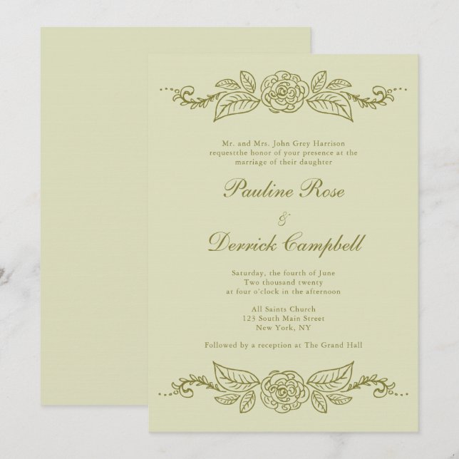 Grönt Fleurons bröllopsinbjudan Inbjudningar (Fram/baksida)