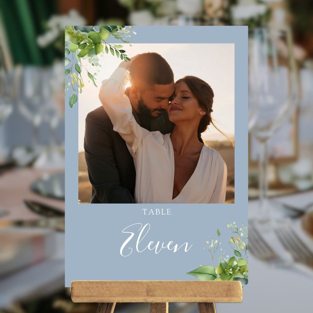 Grönt Floralt Foto Dammigt Blått Bordnummer Tack Kort (Greenery Floral Photo Dusty Blue Table Number)