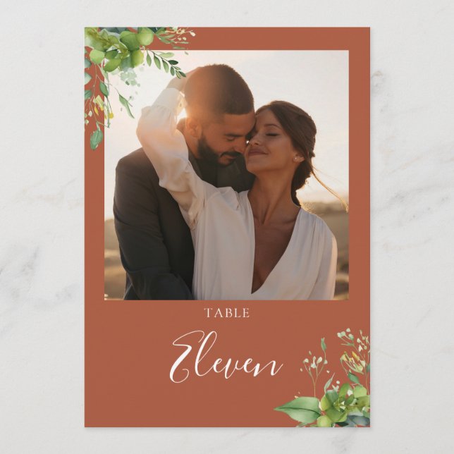 Grönt Floralt Foto Terrakotta Bordskort Tack Kort (Framsida)