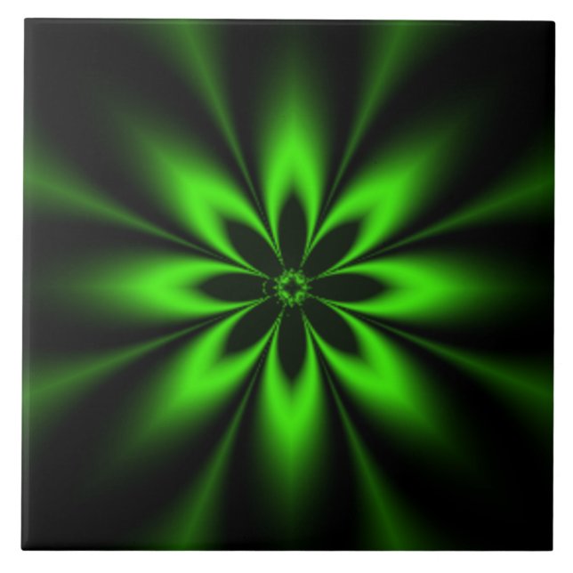 Grönt Flower Burst Fractal Kakelplatta (Framsidan)
