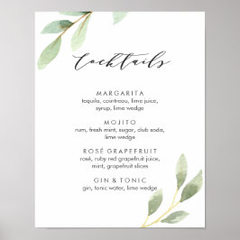 Grönt Foliage Botanical Bröllop Cocktail Menu-teck Poster