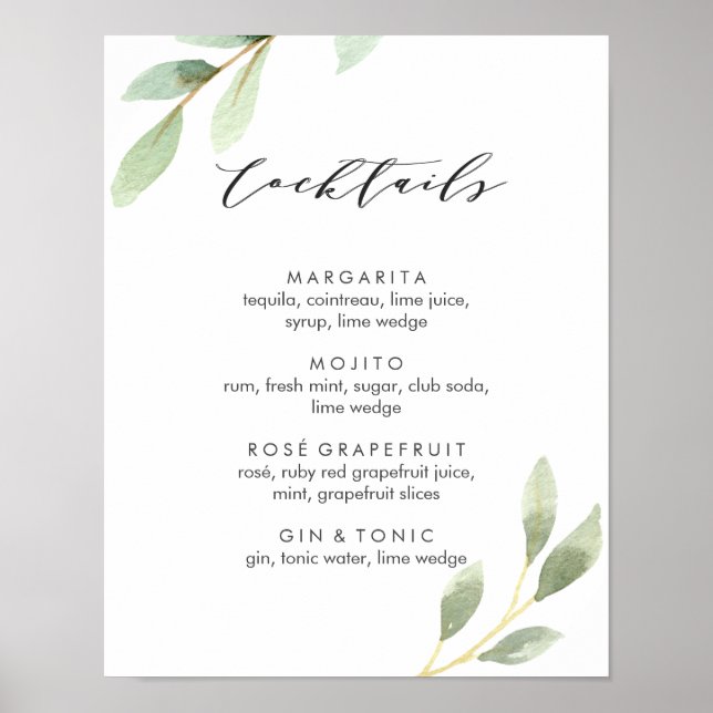 Grönt Foliage Botanical Bröllop Cocktail Menu-teck Poster (Framsidan)