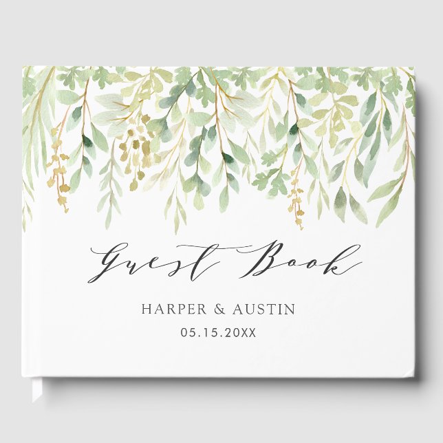 Grönt Foliage Botanical Bröllop Gästböcker (Framsida)