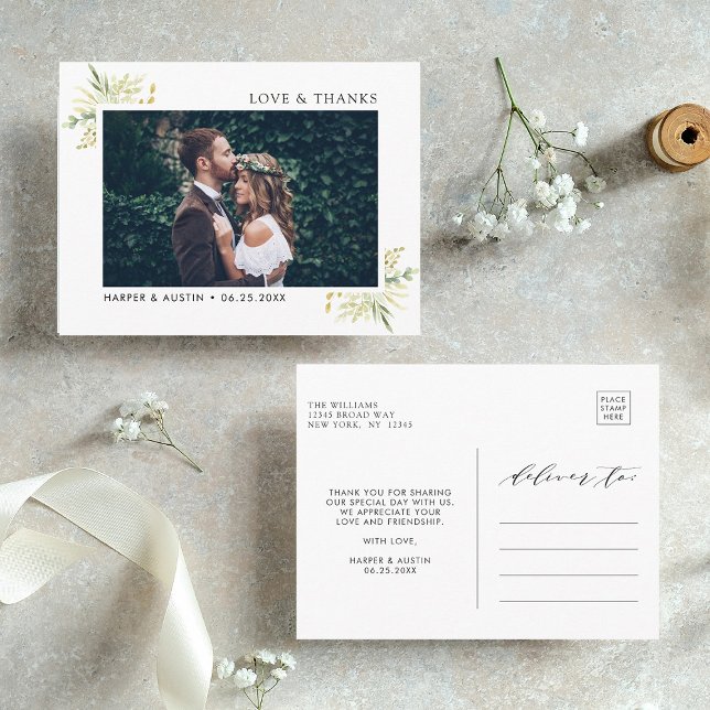 Grönt Foliage Botanical Bröllop Photo Tack Vykort (Front & Back)