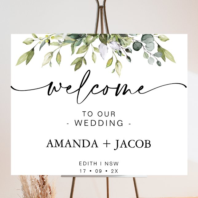 Grönt Foliage Calligraphy Bröllop Välkomstskylt Fototryck (Foliage of greenery wedding welcome sign featuring a modern calligraphy heading with swash tails.)
