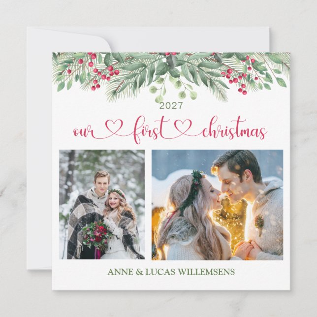 Grönt Foliage Red Berry Vår första julfoto (Framsida)