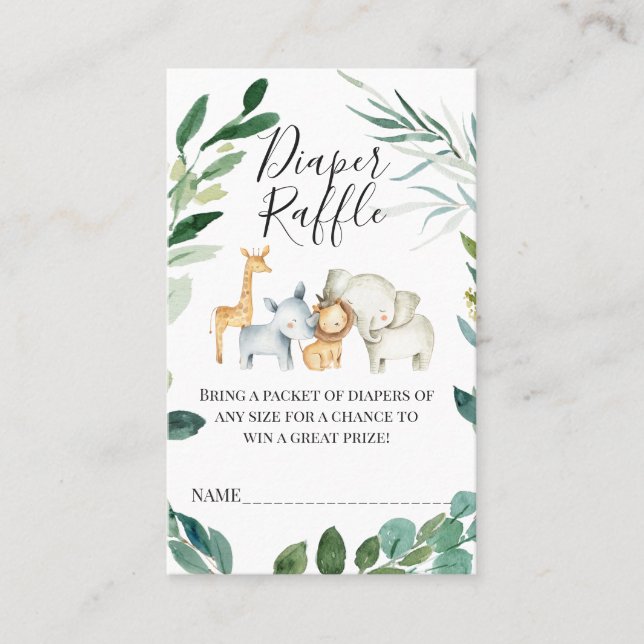Grönt Foliage Safari Animals Diaper Raffle Insert Visitkort (Framsida)