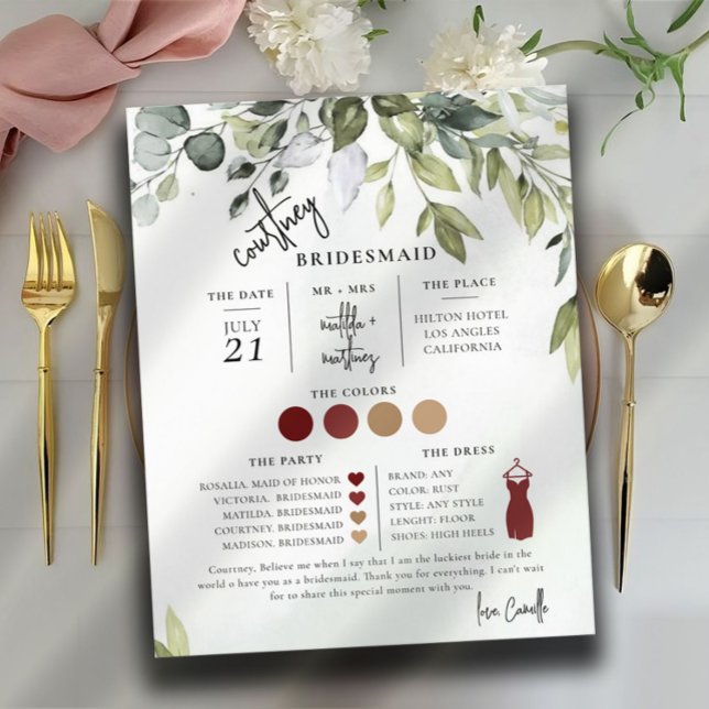 Grönt Foliage Text Script Bridesmaid Info Card (Skapare uppladdad)