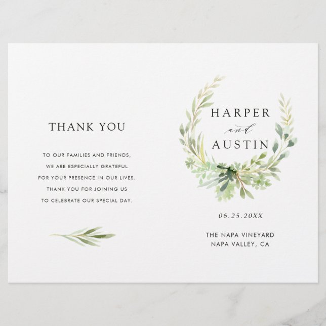 Grönt Foliage Utandningspappat Bröllopsprogram (Framsida)