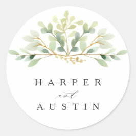 Grönt Foliage Watercolor Botanical Bröllop Runt Klistermärke