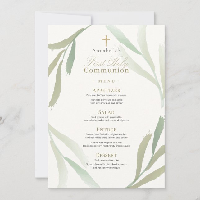 Grönt Foliages First Heliga Communion Menu Inbjudningar (Framsida)