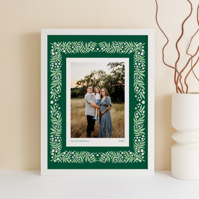 Grönt FolkArt Blommigt Ram med Anpassningsbar Text Poster (Deep green Scandinavian folk art style frame with custom photo and text caption)