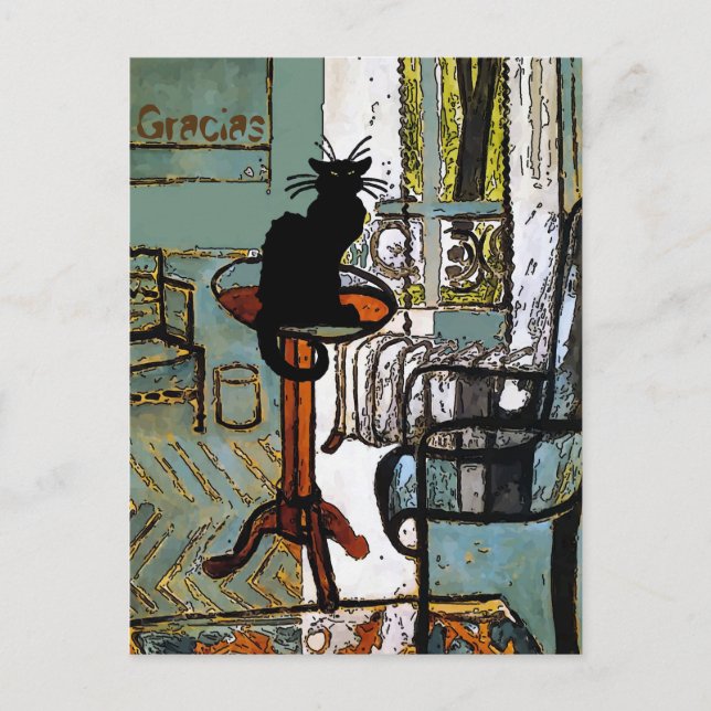 Grönt fönster med svart katt, Tack, ändra text Vykort (Framsida)