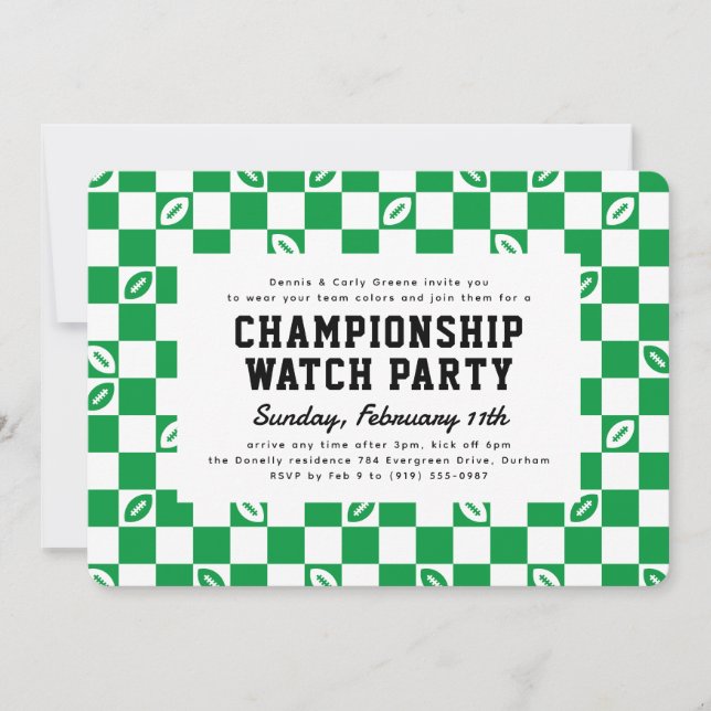Grönt Football Check Championship Game Watch Party Inbjudningar (Framsida)