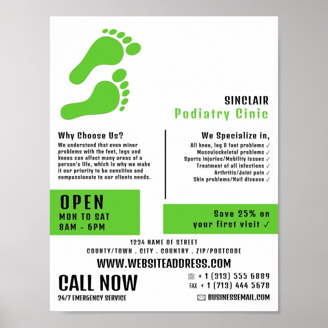 Grönt Footprint, Podiatry Clinic, Podiatrist Poster (Framsidan)