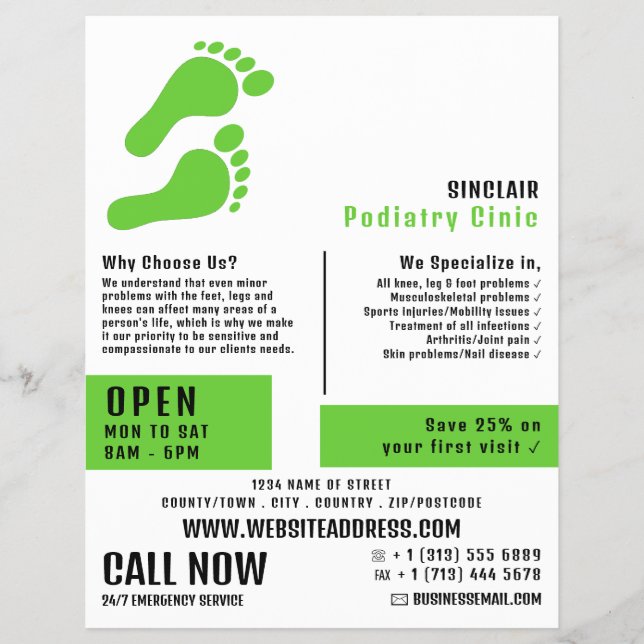Grönt Footprint, Podiatry Clinic, Podiatrist Reklamblad (Framsidan)