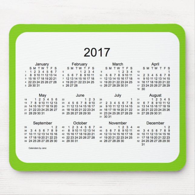 Grönt för 2017 gult 52 veckor kalender vid Janz Musmatta (Framsidan)