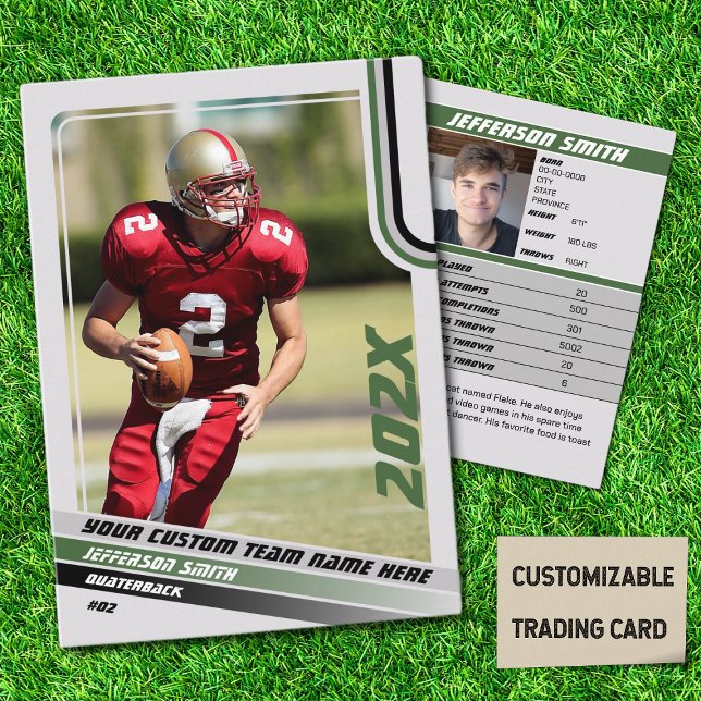 Grönt för amerikanska fotbollsmatchningskortet Anp (American Football Player Trading Card in Grey with Custom Team and Player Name with Green Stripes)