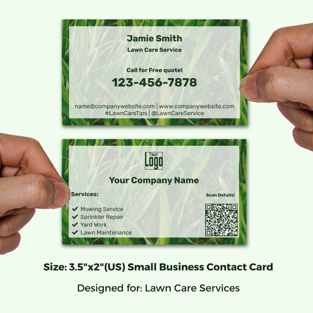 Grönt för anpassningsbar Gass- Vit Logotyp QR Visitkort (Custom Grass Image Green White Logo QR Business Card, Size 3..5"x2" (US))