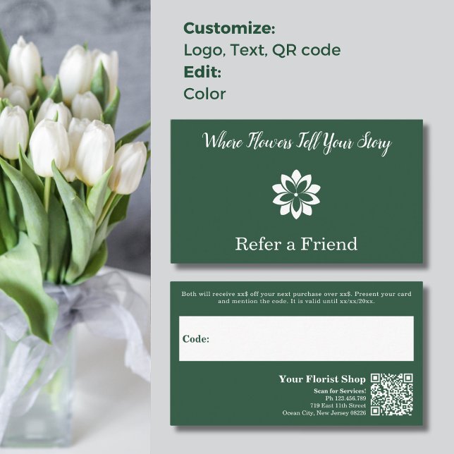 🌼 Grönt för Anpassningsbar och vit flagga hänvisa Lojalitetskort (🌼Custom Green & White Florist Refer a Friend Card, Custom Logo, Tagline, Condition, QR code)