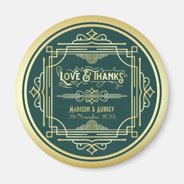 Grönt för Art Deco Bröllop Kärlek & Tack Guld Magnet (Framsidan)