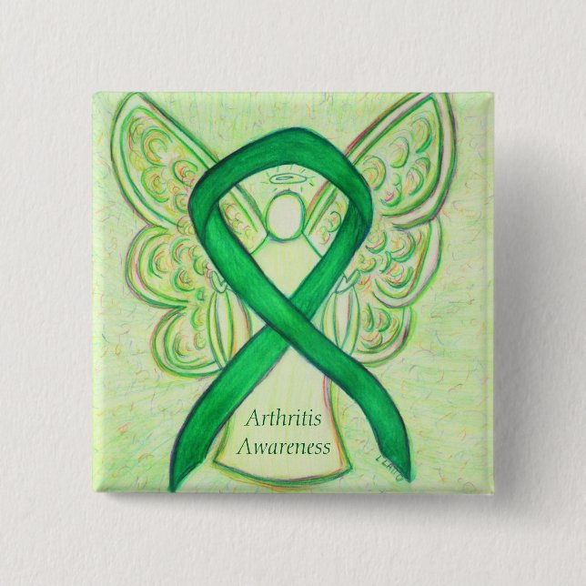 Grönt för artrit - medvetenhet Ribbon Angel Anpass Knapp (Framsida)