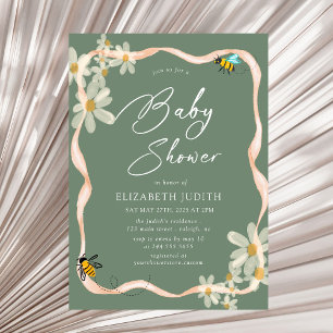 Grönt för babykläder för daisy och Blommigt för bi Inbjudningar