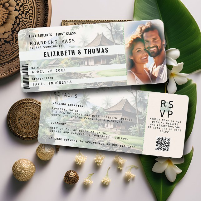 Grönt för Bali-destinationsboardingkort, foto Bröl Inbjudningar (photo boarding pass destination wedding invitation rsvp qr code bali indonesia watercolor elegant)