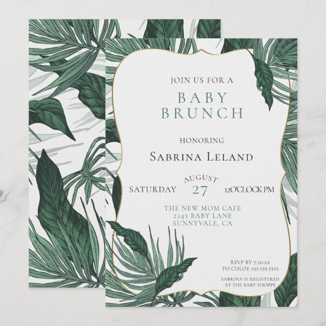 Grönt för barnskor för Tropical Löv Brunch Inbjudningar (Fram/baksida)