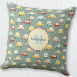 Grönt för bilförsäljning Personlig  Kudde<br><div class="desc">Cute retro car mönster mot bakgrund av en sage grönt. Originalkonst av Nic Squirrell. Ändra inledande monogram och namn för att anpassa sig.</div>