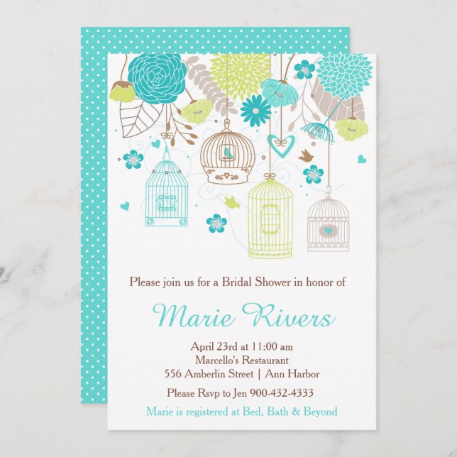 Grönt för Blommigt av elegant och blå Möhippa Inbjudningar (Fram/baksida)