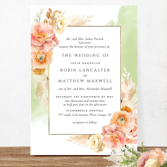 Grönt för  Blommigt för Formell persika, vattenfär Inbjudningar (Skapare uppladdad)