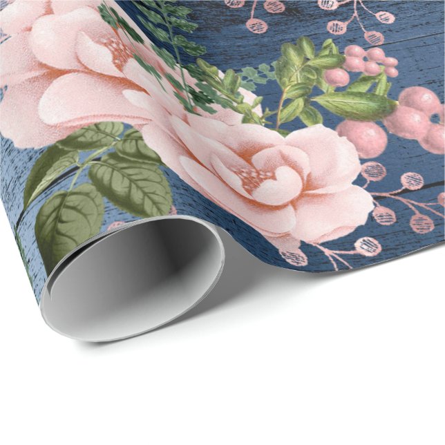 Grönt för Blue Navy Rosa ros Woodland Rustic Blomm Presentpapper (Rullad Hörn)