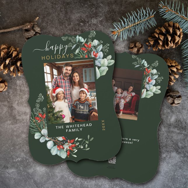 Grönt för botaniskt fotopräd med vattenfärg julkort (You will love these beautiful Christmas cards! They feature botanical watercolor pine and berries.)