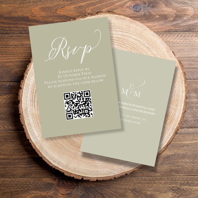 Grönt för bröllop OSA QR-kodskriptöverföring Tilläggskort (Elegant RSVP card with a scannable QR Code )