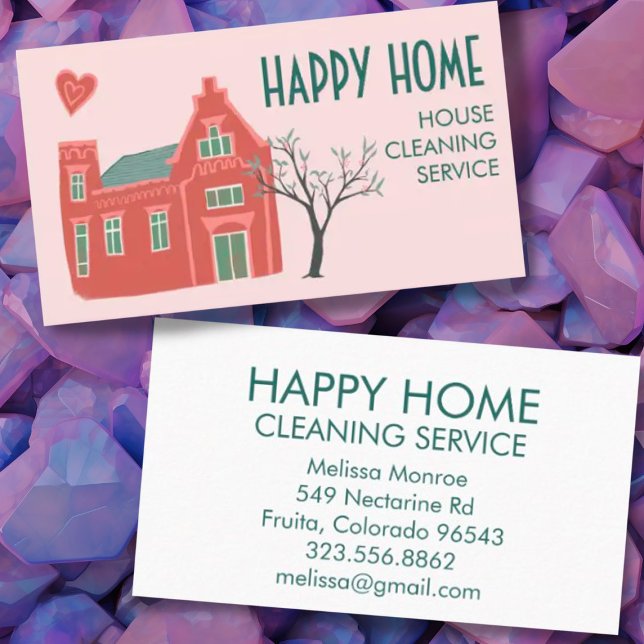 Grönt för Charming Rosa för Städning i hemmet  Visitkort (Cute house double-sided custom cleaning service business card design)