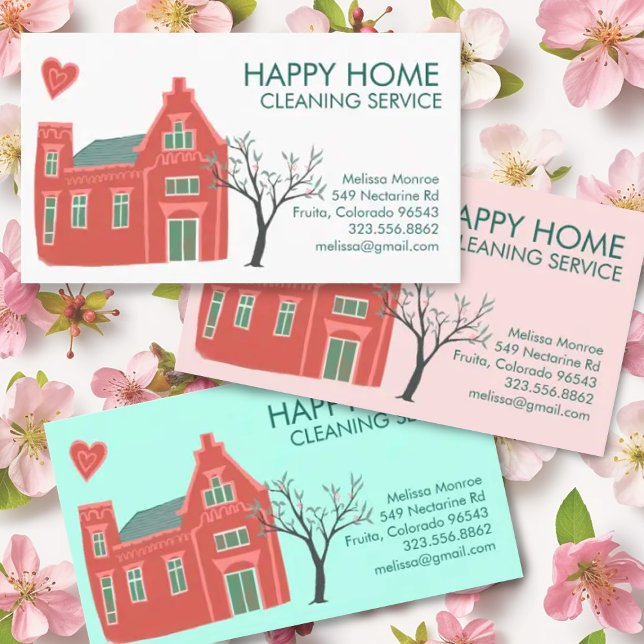 Grönt för Charming Rosa för Städning i hemmet  Visitkort (Cute house hand-drawn illustration decorates this custom business card. Add your text, change colors)