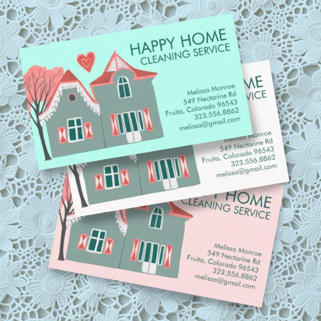 Grönt för Charming Rosa för Städning i hemmet  Visitkort (Cute house custom business cards for housecleaners, maids, janitorial services)