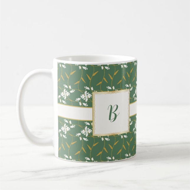 Grönt för Cheerful Regal Blommigt Monogram Kaffemugg (Vänster)