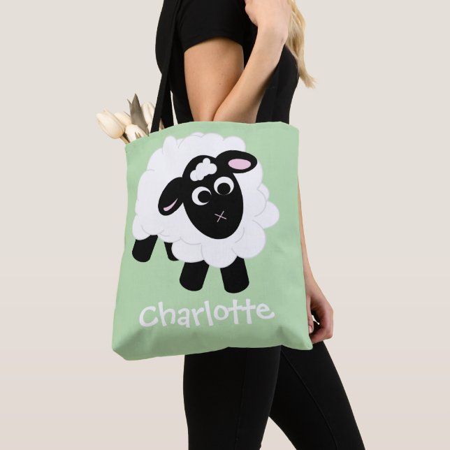 Grönt för Cute Tecknad Sheep Namn Togo Bag Tygkasse (Närbild)